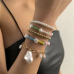 Kontrastfärg Imitation Pearl Charm Armband Etnisk stil Färgrik Rice Beaded Hand Chain Women Punk Party Business Bracelet Smycken Sets