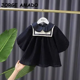 Spring Kids Girls Dress Black Mesh Puff Sleeves Sailor Collar Princess Barn Mode Kläder E1137 210610