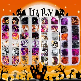 Halloween naglar glitter sequins 3d holografisk skalle spindel pumpa bat spöke häxa konfetti glitter för DIY Nail Art