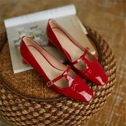 2021 Spring/Autumn Women Shoes Patent Leather Solid Color T-shaped Buckle Square Toe Chunky Heel Versatile Mid-Heel Pumps Shoes