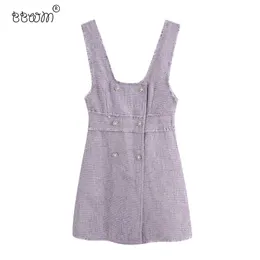Women Sweet Fashion Double Breasted Tweed Mini Dress Vintage Frayed Square Collar Straps Dresses Vestidos Mujer 210520