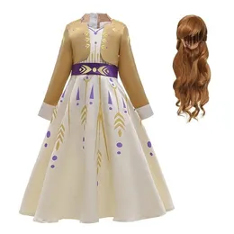 New Little Anna Dress Up För Girl Långärmad False Två Stycken Snow Queen Fancy Costume Halloween Pagant Party Kläder 3-12t