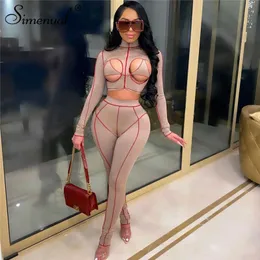 Simenual Hollow Out Sexig Skinny 2 Piece Sets Kvinnor Långärmad Zipper Crop Top och Byxor Striped Bodycon Co-Ord Outfits Fashion Y0625