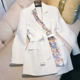Fitaylor Spring Autumn Women Irregular Splicing Silk Scarf Blazer Lady Office Slim Jacket Plus Size Solid Color Coat with Belt 211122