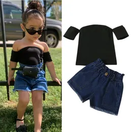 Set di vestiti per neonate per bambini estivi T-shirt a maniche corte nera con spalle scoperte per bambini + pantaloncini di jeans Completi di jeans