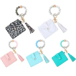 Wood Beaded Bangle Bracelets Key Rings Card Holder Wallets Leather Tassel Keychains for Women Fashion Accessories XDJ104