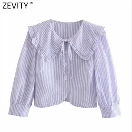 Zevity المرأة الحلو agaric الدانتيل مخطط طباعة قصيرة بلوزة قميص المرأة برستد أنيقة مكتب femininas blusas المحاصيل القمم LS9303 210603