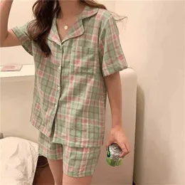 Koreanska högkvalitativa tjejer Sleepwear Plaid All Match Kort Söt Homewear Sommar Kvinnor Tunna Lösa Pajamas Sets 210525