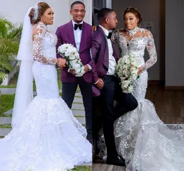 High Neck African Nigerian Mermaid Wedding Dresses 2022 Plus Size Lace Embroidery Beaded Long Sleeve Bridal Dress Robe Mariage