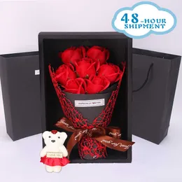 結婚式のギフト7石鹸のバラの花のギフトボックスブーケぬいぐるみクマの妻プレゼント造花バレンタインデーの誕生日パーティー210624