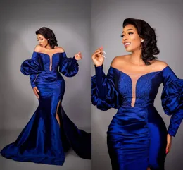 Arabski ASO EBI Royal Blue Mermaid Evening Pageant Dresses Puffy Z Długim Rękawem Matte Stay Beaded Plus Size Prom Sukienka