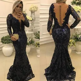 Elegant Navy Blue Mermaid Evening Dresses v neck Lace Appliques with Long Sleeves sheer back Mother of the Bride Formal Gown Graduation Dress