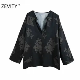 Zevity Women Vintage V Neck Blomstryck Casual Smock Blouse T Shirts Kvinnor Långärmad Kimono Roupas Chic Blusas Tops LS7188 210603