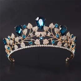 Ankomst Magnificent Blue Red Bridal Crown Tiaras Fashion Golden Diadem För Kvinnor Bröllop Hår Tillbehör Smycken 210707