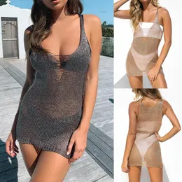 Women Sexy Bikini Cover-up Swimsuit Covers Up Mesh Sheer Mini Beach Dress Sarong Summer Wear Swimwear Loose Knit Halter Top Sarongs