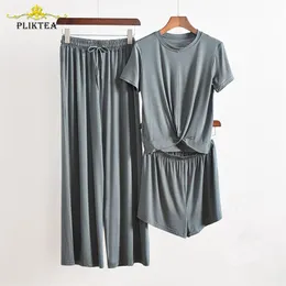 PLIKTEA 3 Piece Set Grey Home Suit For Women Atoff Clothes Pyjamas Kvinna Wear Fall Ladies Sleepwear 210809
