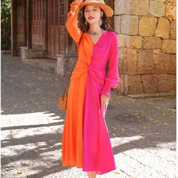 Spring Summer Fashion Color Block Holiday Dress Women Lantern Sleeve V-Neck Contrast Fold Crossing Ladies Long 210529