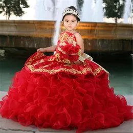 Muhteşem Kırmızı Kızlar Pageant Elbiseler Ruffles Aplike Çiçek Kız Elbise Düğünler Için Çocuk Prenses Doğum Günü Balyavatları