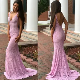 Rosa 2022 Long Mermaid Sexy Backless Prom Klänningar med V Neck Full Lace Dress Party Gowns