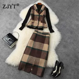 Jesień Zima 3 Sztuka Garnitur Kobiety Odwróć Kołnierz Plaid Woolen Kamizelka Knitting Pullover Top I Spódnica Dopasowywanie Zestaw Vintage Outfit 210601