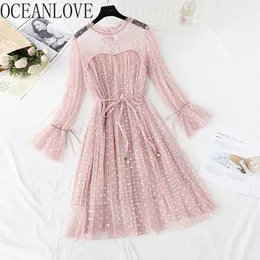 Polka Dot Mesh Women Dress Elegant Lace Spring Party Dresses Vita alta A-line Ruffles Vintage Vestidos 15398 210415