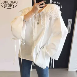 Appliques White Blouse Asymmetrical Hem Shirts Women Casual Loose Tops Lapel Plus Size Fashion Butterfly Sleeve Bow Shirt 13107 210417