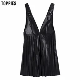 Women Suspender Dress Black Pu Leather Mini Pleated Hem kawaii goth cltohes 210421
