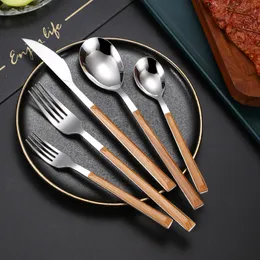 Gift-box 4pcs Dinnerware Sets Stainless Steel Cutlery Set Wood Grain Handle Flatware Spoon Fork Knife Tableware Thanksgiving Christmas Promotional Gift ZL0251