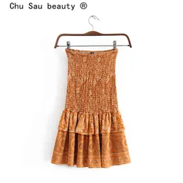 Chu Sau beauty Boho Floral Print Mini Skirt Women Holiday Fashion Elastic Waist Draped Skirts Female Falda De Moda 210508