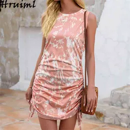 販売夏のドレス女性のノースリーブのタイ色の印刷の高い腰のRuchedパーティー病ESのためのエレガントなミニ210513