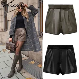Snican Seksi Yüksek Bel Faux PU Deri Şort ZA Kadınlar Alt Pantalon Taille Haute Bahar Vintage Katı Kısa Cuir Femme 210625