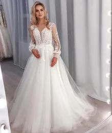 Proste Długie Rękaw Suknie Ślubne Suknie Ślubne Linia Wiosna Lato 2022 Szaty Aplikacje Koronkowa Długość podłogi Tulle Country Beach Boho Bride Wedding Dress Vestidos