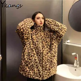 Leopard Imprimir Loose Pelúcia Casual Casual Casaco Estilo Coreano Outono Roupa de Inverno Grosso Quente Zíper Suéter Feminino Casaco 210421