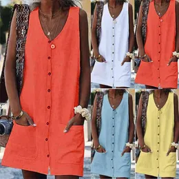 Старинные оранжевые сарафан женщины летнее платье Boho стиль сексуальное платье мини-кнопки карманы твердое пляжное платье женский 210409