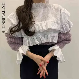 sweater woemn's winter mock neck hollow hook flower pleated stitching fake two piece flare sleeve knitted tops 210427