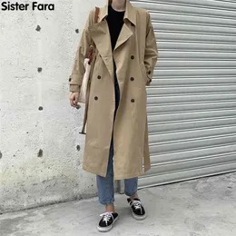 Sister Fara Spring Elegant Single Breasted Trench Women Loose Overcoat Turn-down Collar Casual Long Windbreaker Female 210820