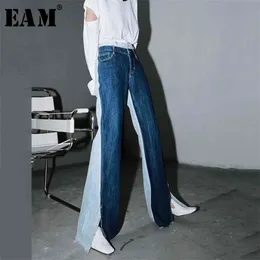 [eam] الأزرق بلون مغاير اللون سبليت المشتركة طويلة واسعة الساق الجينز عالية الخصر فضفاض النساء السراويل الأزياء ربيع الخريف 1T276 210629