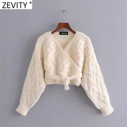 Zevity Women Vintage Cross V Neck Twist Crochet Krótkie dziewiarskie sweter Femme Chic Hem Bow Miste Casual Cardigans Topy S685 210812