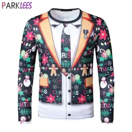 Fake Two Piece Suit Christmas Men T-shirt 3D Gingerbread Man Snowmen Funny Print Tshirts Men Xmas Party Prom Tshirt Homme 210522