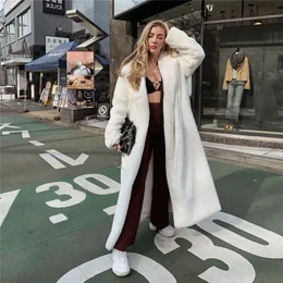 Lautaro Winter Lange Weiße Flauschige Warme Übergroßen Faux Pelzmantel Frauen mit Kapuze Revers Schärpen Lose Koreanische Mode 2022 Oberbekleidung