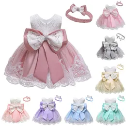 Baby Girls Sukienka Odzież Garnitury Koronki Bowknot Princess Ślubna Tutu Dress + Zestawy pałąk Fotografia Rekwizyty BowkNot Suknie Q0716