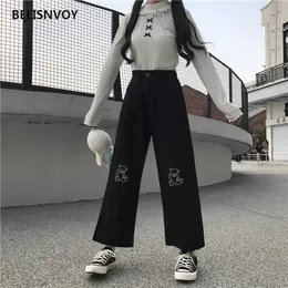 Japanese Kawaii Harajuku Teen Girls Loose Bear Embroidery Wild Leg Baggy Pants Casual Female Sweet Cute Sweatpants Trousers 211115