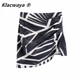 Women Vintage Pleats Design Black White Tie Dye Print Hem Irregular Skirt Female Side Zipper Faldas Mujer 210521