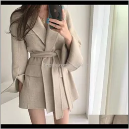 Wool Blends Outerwear Coats Clothing Apparel Womens Solid Color Coat Fall Winter Korean Chic Elegant Belt Flare Sleeve Thi