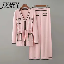 JXMYY Early Autumn Long-Sleeve Knit Suit Lace-Up Waist Mid-Length V-Neck Cardigan + Wide-Leg Pants Two-Piece Female 210925