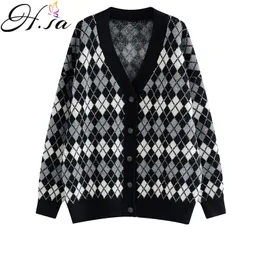 H.SA DONNA ABBIGLIAMENTO ABBIGLIAMENTO CARDIGANS V Collo ARGYLE Maglione Maglione Pantaloni Patchwork Giacca a maglia Lunga Giacca Oversized Cardigan 210417