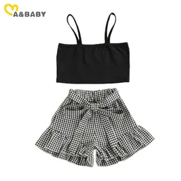 1-6Y Summer Child Kid Girl Clothes Set Sleeveless Crop Tops Plaid Bow Skirts Outfits Beach Holiday Costumes 210515