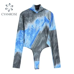 T Shirt Kvinnor Boutique Kläder Långärmad Jumpsuits Stand Collar Tie Dye Monterad Bodycon Streetwear Harajuku Bodysuit Toppar 210515