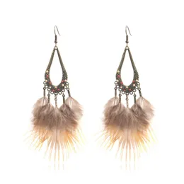Czeski Lato Dangle Kolczyki dla kobiet Biżuteria Etniczna Koralik Ryżowy Koralik Długi Brązowy Pióro Kolczyk Danglers