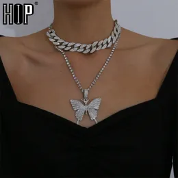 HIP 2PCS Kit de camadas colar de colar pingentes Chain de link cubano conjunto luxo strass gargantilha para mulheres homens jóias